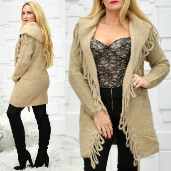 SO SOFT Fuzzy open front fringe details sweater knit Cardigan tan - Picture 2 of 5